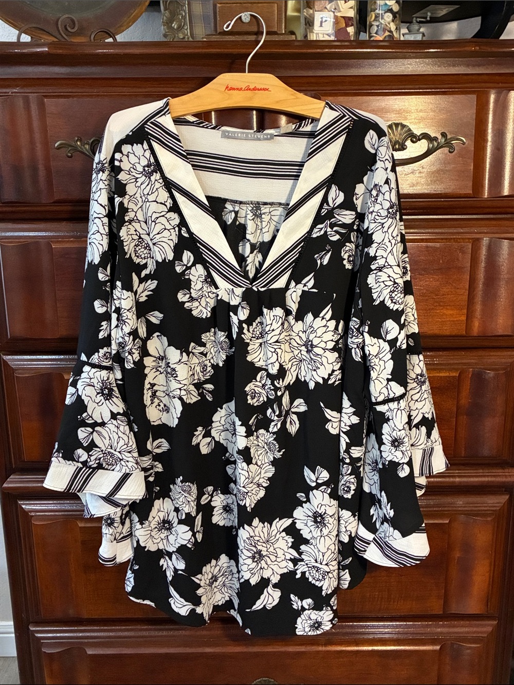 Valerie Stevens Black & White Floral V-Neck Tunic with Striped Trim